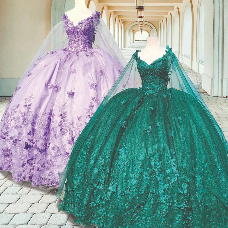 NO.41 Flowers and Metallic Lace Sparkle Tulle Quinceañera Dress With a cape bodycon party plain mature blue dress quince sequin dress Formal Womenswear party maxi Wedding Ceremony