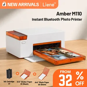 Liene Amber M110 Instant Bluetooth Photo Printer 80 Sheets, Photo Printer for iPhone, Thermal Dye Sublimation, Picture Printer 60 Sheets 4x6 Paper & 20 Sheets 3" Square Sticker Paper & 2 Cartridges, New Arrivals, Mother's Day Gift