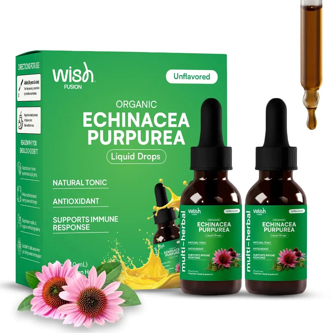 Wish Fusion Liquid Echinacea Extract Drops for Adults, Echinacea Root, Elderberry & Zinc Immune Support Cold & Flu Relief, Antioxidant & Faster Recovery, Natural Herbal Flavor (2 Pack)