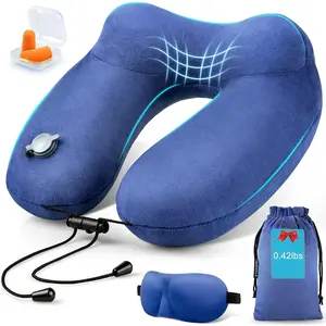 Inflatable Travel Neck Pillow for Airplanes, Soft Velvet Neck, Firmness, Blow Up Plane Pillow for Long Flights, Road Trips, Travel with Eye Mask, Earplug
