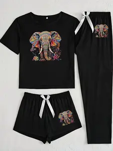 Women's Ethnic Style Elephant Print Pajama Set, Casual Fitted Sleepwear, Three-Piece Nightwear for All Seasons, Comfortable Loungewear, Cute Pajama Sets