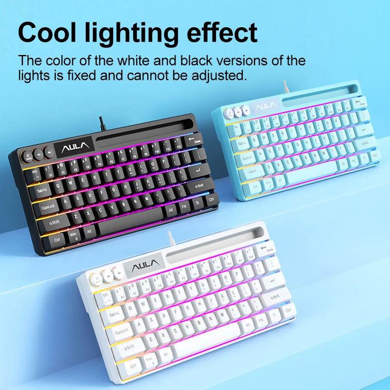 AULA F3061 mini wired keyboard, 61-key layout, plug and play, cool lighting, 22-key no impact, ergonomic design, simple and portable, compatible with Windows/Mac system equipment connection, RGB Backlit Keyboard