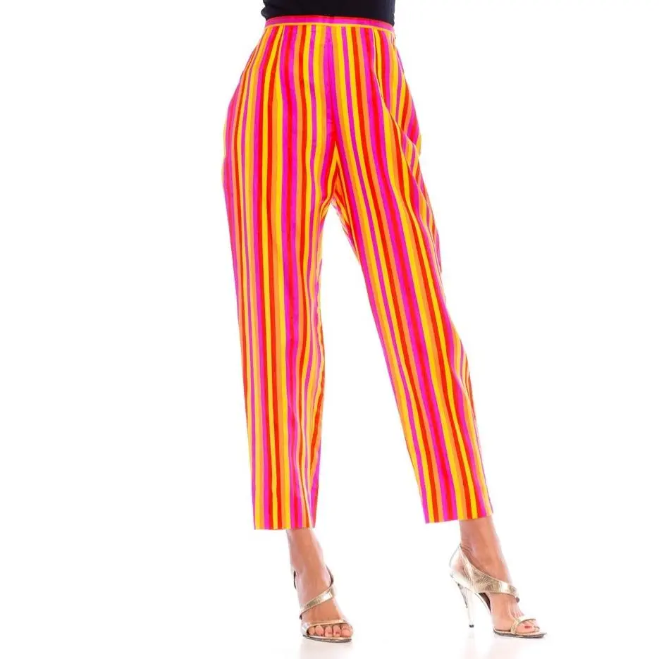 1990S Escada Pink & Orange Striped Silk Pants