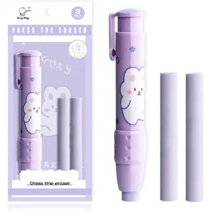 Cute Retractable Click Pencil Erasers for Kids with Refills, Pen Style Kawaii Japanese Stationery Supplies Purple