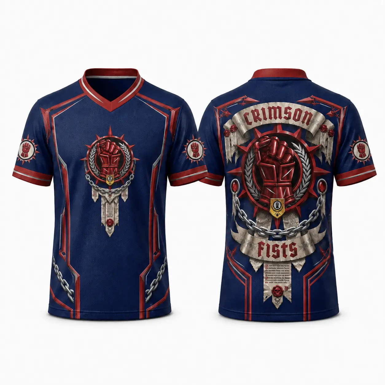 Warhammer 40K Space Marine Faction Athletic V-Neck Jersey - The Stalwart Crimson Fists Chapter - Durable and Stylish Sports Shirt Featuring Classic Grimdark Lore Iconography & Banners