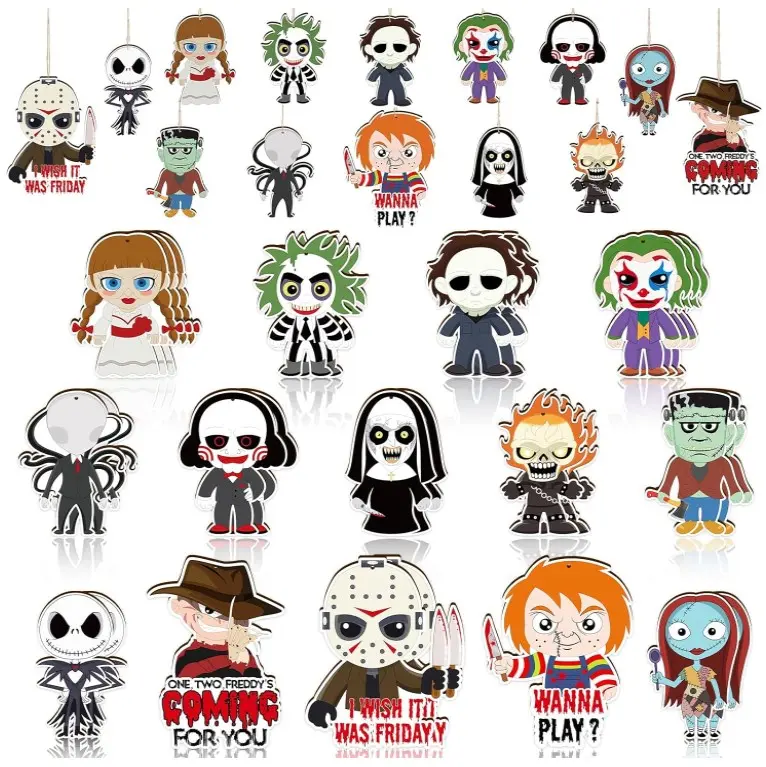 28pcs Scary Halloween Tree Decorations Ornaments - Halloween Hanging Decorations Wooden Ornaments Horror Movie Characters Decor for Halloween Party Decorations Indoor Tree Window Door Decor Set Backdrop