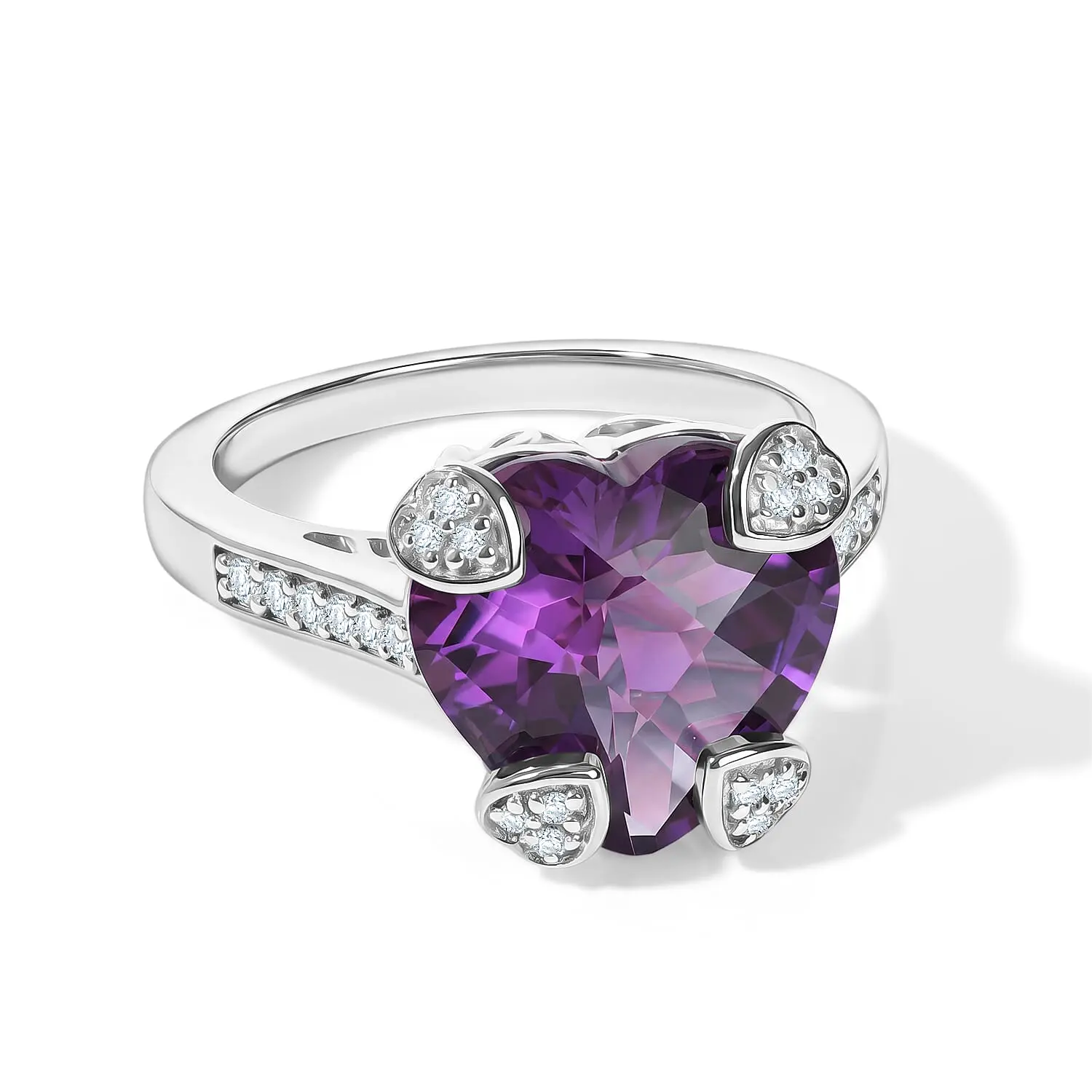 D'Joy African Amethyst, White Zircon Heart Ring in Rhodium Over Sterling Silver (Size 6.0) 4.85 ctw