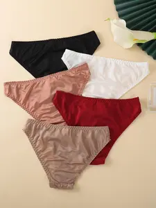 5 Pcs Women Underpants Low-waist Advanced Light Seamless Floral Lace Trim Silky Stretchable Panties Women Honeymoon Wedding Night Thong Womenswear Comfort