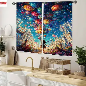 2D Flat 2Pcs Fantasy Castle Balloons Pattern Curtains for Home Living Room Bedroom Decor, Vibrant Digital Printing Art, Whimsical Fairytale Style, All-Season Drapes Window Decoration