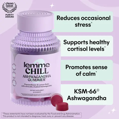 Lemme Chill Stress Relief Gummies with 300mg KSM-66 Ashwagandha, Lemon Balm, Passionflower & Goji to Support Relaxation, Healthy Cortisol & Sleep - Gluten-Free, Non-GMO, Mixed Berry (60 Count)