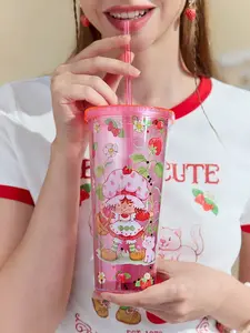 Strawberry Shortcake x SHEIN 650ml Double-Layer Transparent Cup with Straw – Cute Cartoon & Strawberry Pattern