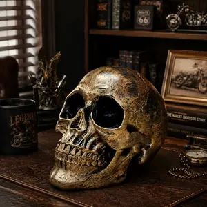 Antique Decorative Gold Lightweight Resin Human Skull Statue, Premium Sleek Lifelike Home-Halloween Decor, Bookshelf-Desktop Accent for Gothic Enthusiasts, Abstract Figure Sculpture