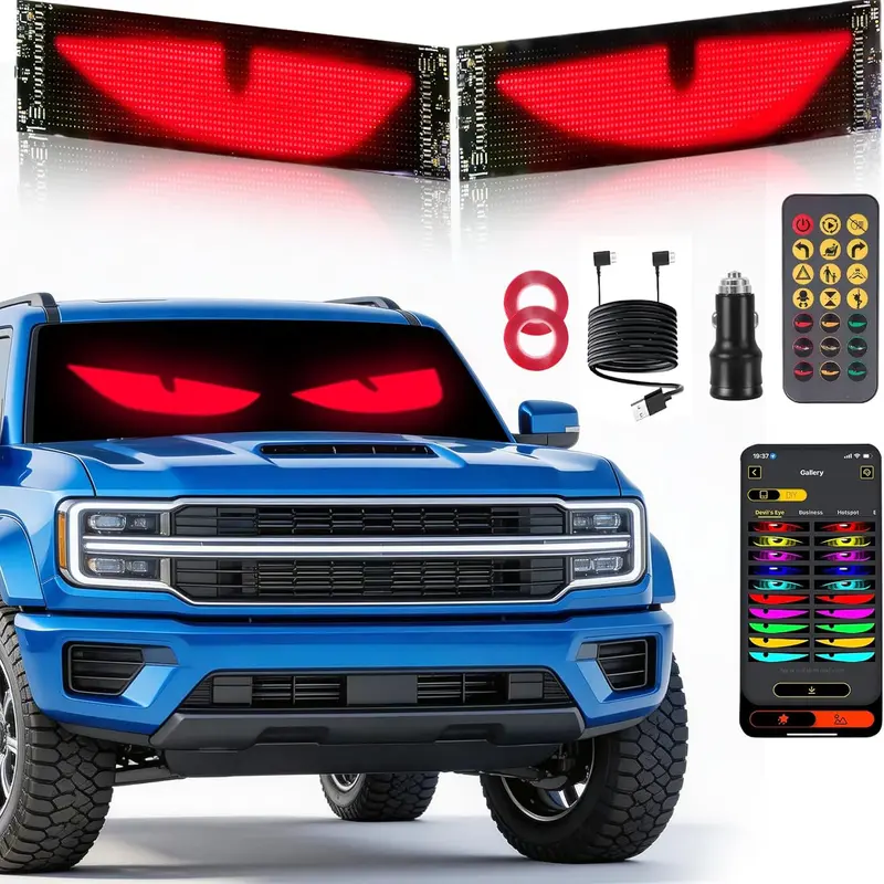5800 Lux High-Brightness Devil Eyes LED Light Strips - Car Ornament, Car Accessories for Trucks/SUVs, App-Controlled Customizable Windshield Decoration, IP68 Waterproof, USB-Powered