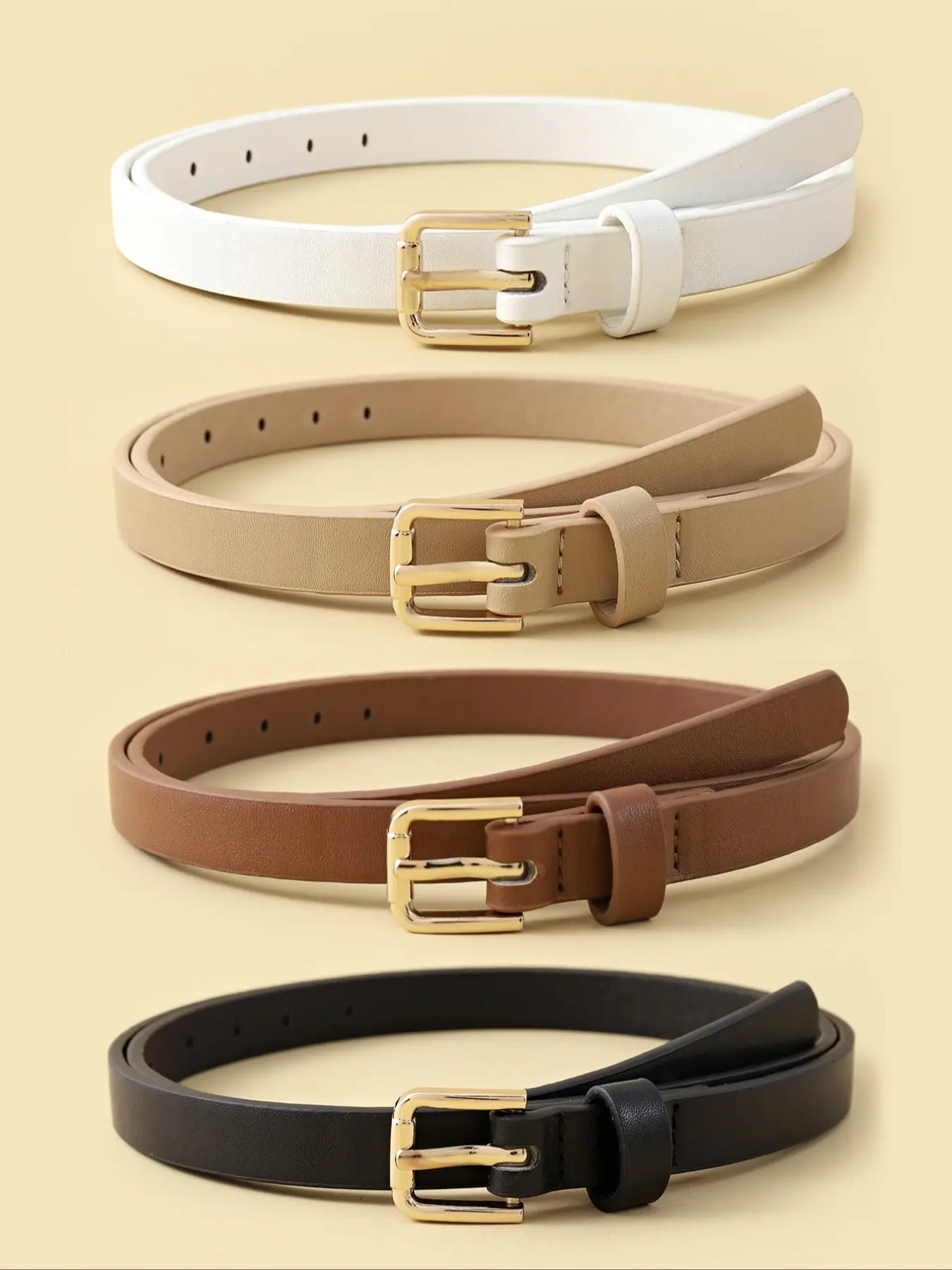 4pcs Women's Skinny PU Leather Fashion Belts, Casual Style Belts, Modern Buckle Belts, Thin Waist Belts with Metal Buckle for Jeans and Dresses