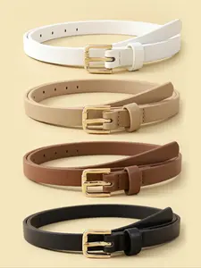 4pcs Women's Skinny PU Leather Fashion Belts, Thin Waist Belts with Metal Buckle for Jeans and Dresses