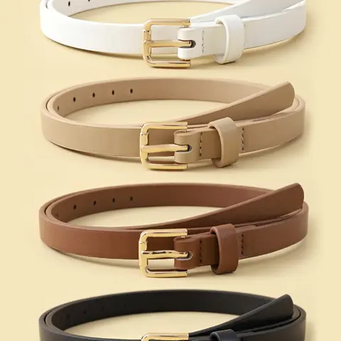 4pcs Women's Skinny PU Leather Fashion Belts, Casual Style Belts, Modern Buckle Belts, Thin Waist Belts with Metal Buckle for Jeans and Dresses