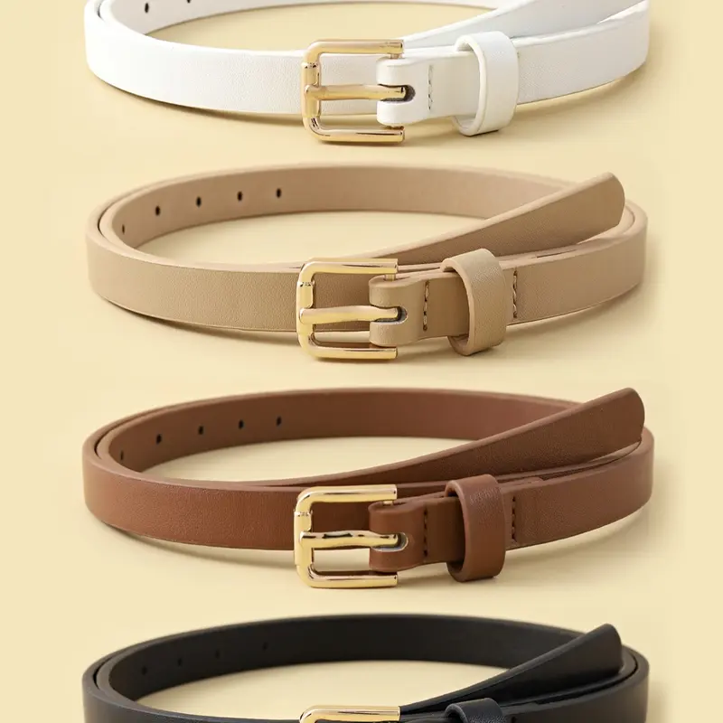 4pcs Women's Skinny PU Leather Fashion Belts, Casual Style Belts, Modern Buckle Belts, Thin Waist Belts with Metal Buckle for Jeans and Dresses