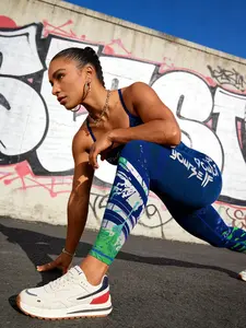 Women's Blue Side Letter Print Leggings, High Waist Tight-Fit Yoga Pants, Elastic Workout Bottoms, Casual Sportswear for All Seasons, Fitness Training Leggings, Four Season Leggings, Gym Fitness Leggings, Yoga Activewear, Stretchy Workout Leggings