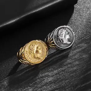 Wind Roman Emperor Julius Caesar Stainless Steel Ring Vintage Electroplating Coin Casting Titanium Steel Portrait Ring