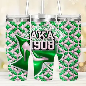 AKA 1908 Tumbler, Alpha Kappa Alpha Stainless Steel Travel Mug With Handle, Pink And Green Floral Design, Keeps Hot Cold Drinks, Sorority Gift