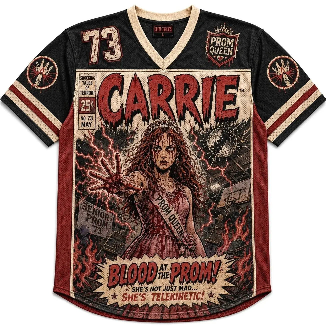Carrie Blood at the Prom Mesh Jersey Shirt, Classic Horror Movie Graphic Jersey, Stephen King Fan Top, Halloween Retro Unisex Jersey Gift FN7
