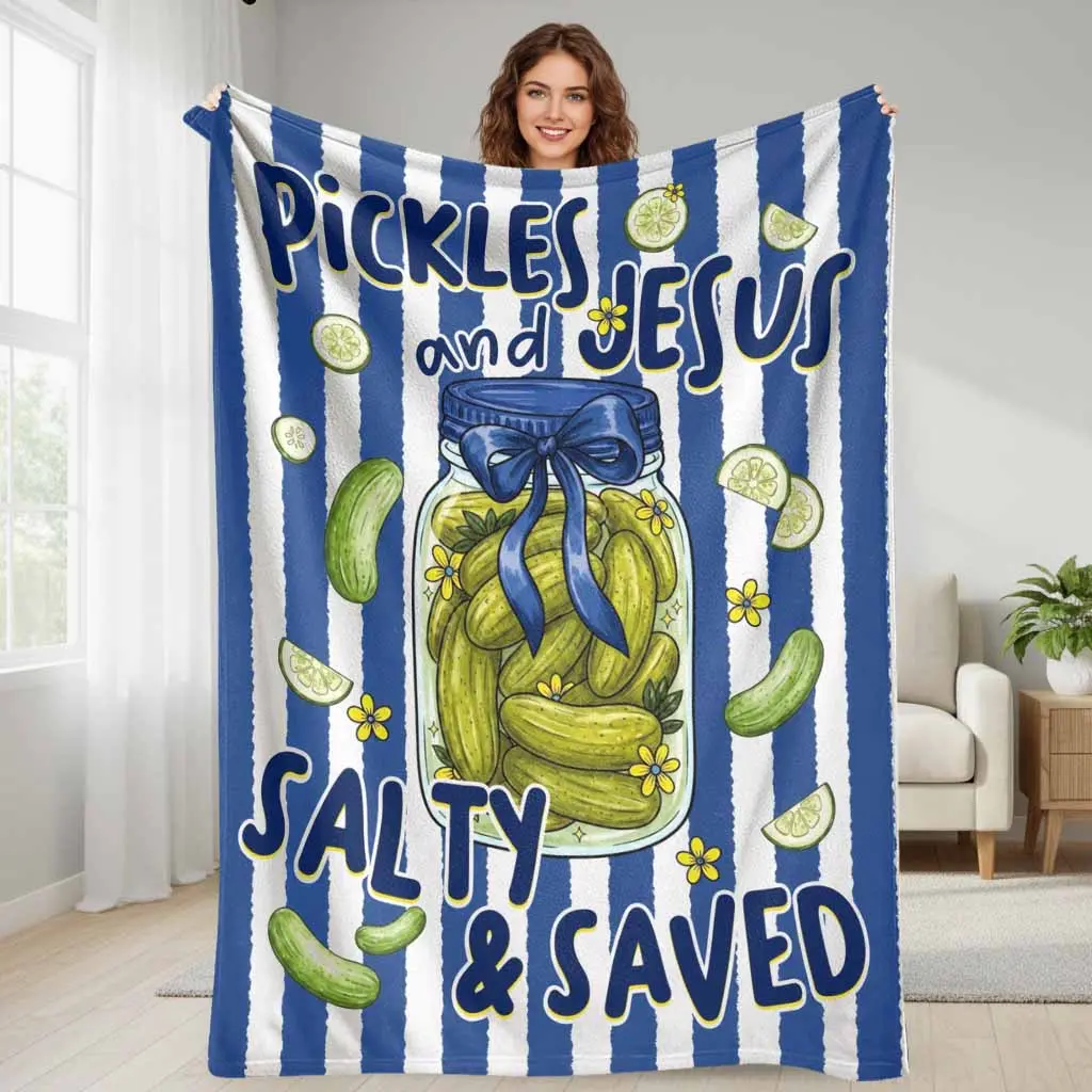 Pickles and Jesus Flannel Blanket Salty and Saved Pickle Jar Stripe Print Soft Cozy Lightweight Warm Plush Throw for Sofa Bedroom Camping Farmhouse Church Gift Lounge Decor, 30*40 Inches, 30×40 Inch / 76×101Cm (Mini), 50×60 Inch / 127×152Cm (Medium)