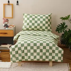 Grid Toddler Bedding Set Green White Checkered 4 Pieces Crib Bed Set Kids Pliad Comforter Set