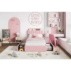 GARVEE Pink Twin Bed Frame with Storage Headboard, 2 Drawers, Boucle Upholstered Platform, Built-In Bookcase, No Box Spring Needed, Easy Assembly, Durable and Stylish Design