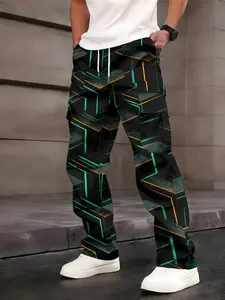 One-piece men's cargo pants with geometric stripe paneling on black background, American retro style with multi-pocket design