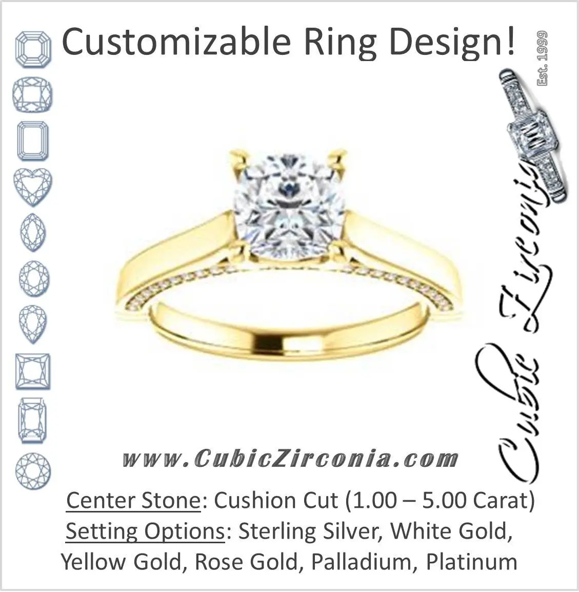 Cubic Zirconia Engagement Ring- The Tonja (Customizable Cushion Cut Semi-Solitaire with Dual Three-sided Pavé Band)