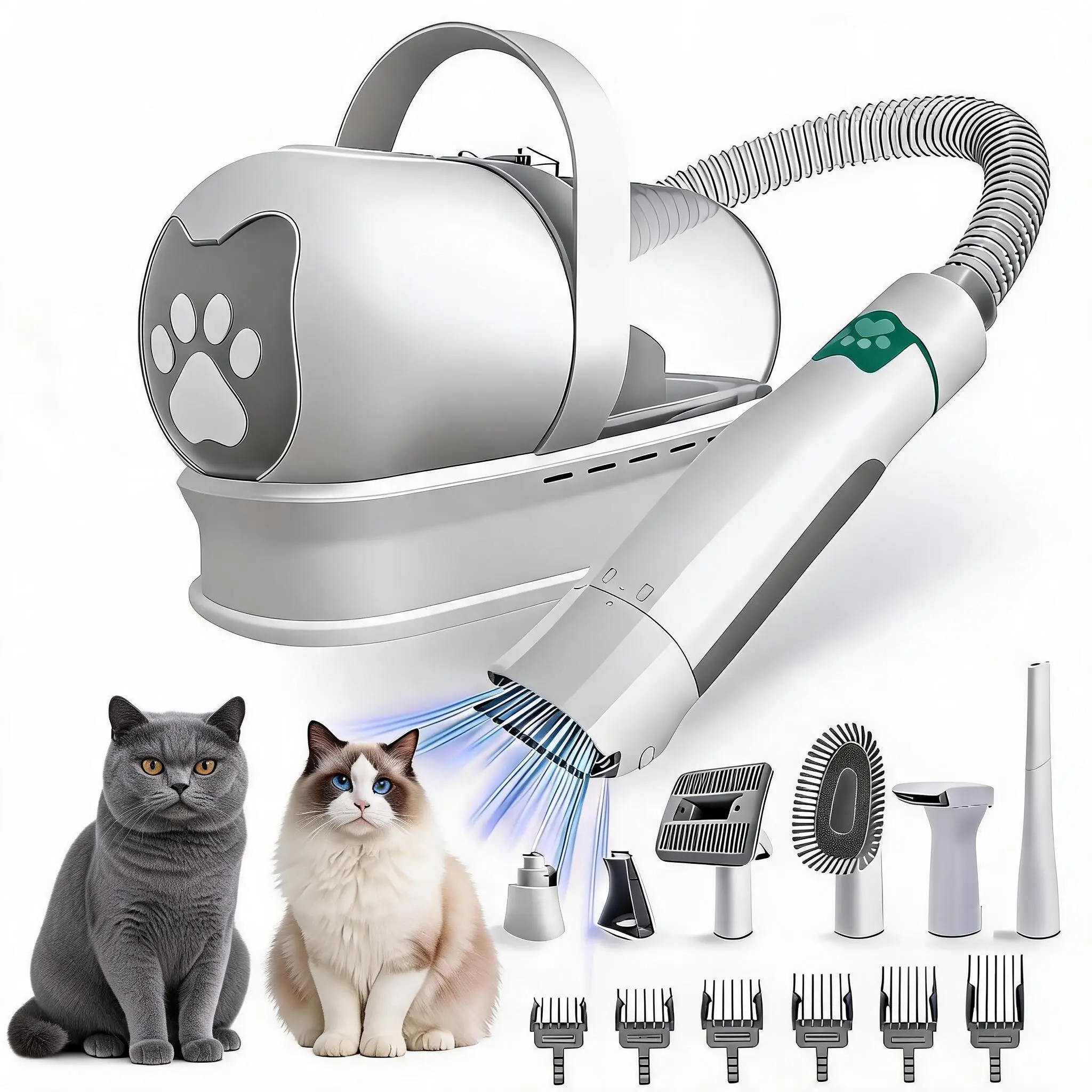 7 in 1 Dog Grooming Vacuum Kit with Nail & Paw Trimmer, Rollers, Deshedding Mitts - Cat & Dog Hair Vacuum Brush for Shedding