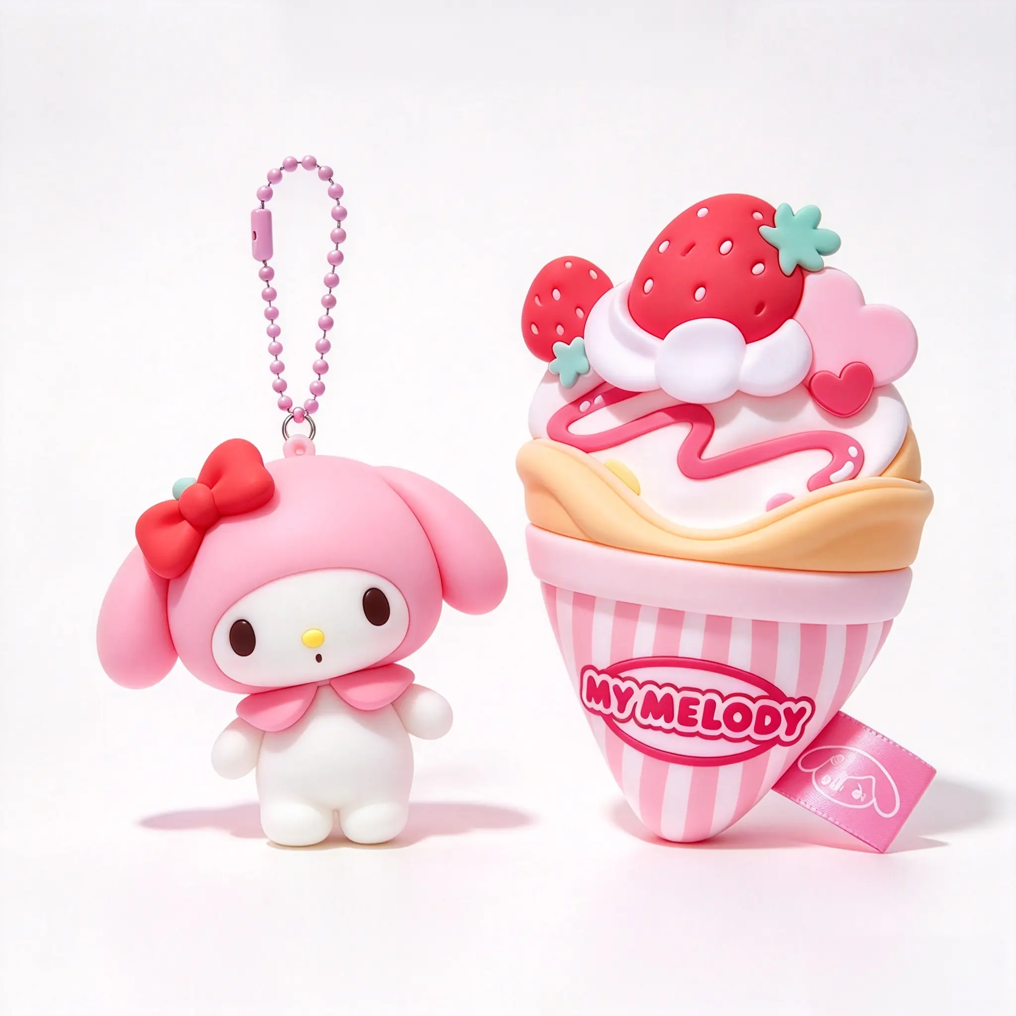 My Melody Strawberry Ice Cream Plush Keychain, Cute Sanrio Figure Bag Charm for Backpack Decor