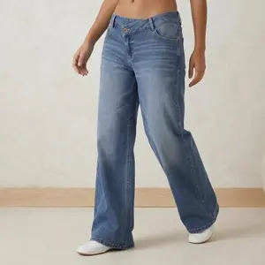 Women's Low Rise Wide Leg Jeans – Y2K Crossover Waist Loose Fit Denim Pants with Light Wash