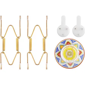 2 Pack Plate Hangers for Wall, Suitable for 4-5 inch Art Plate, Stainless Steel Invisible Heavy-Duty Wire Plate Holder with Wall Hooks, Display Hanger for Decorative Plates/Dishes/Platters(Gold)