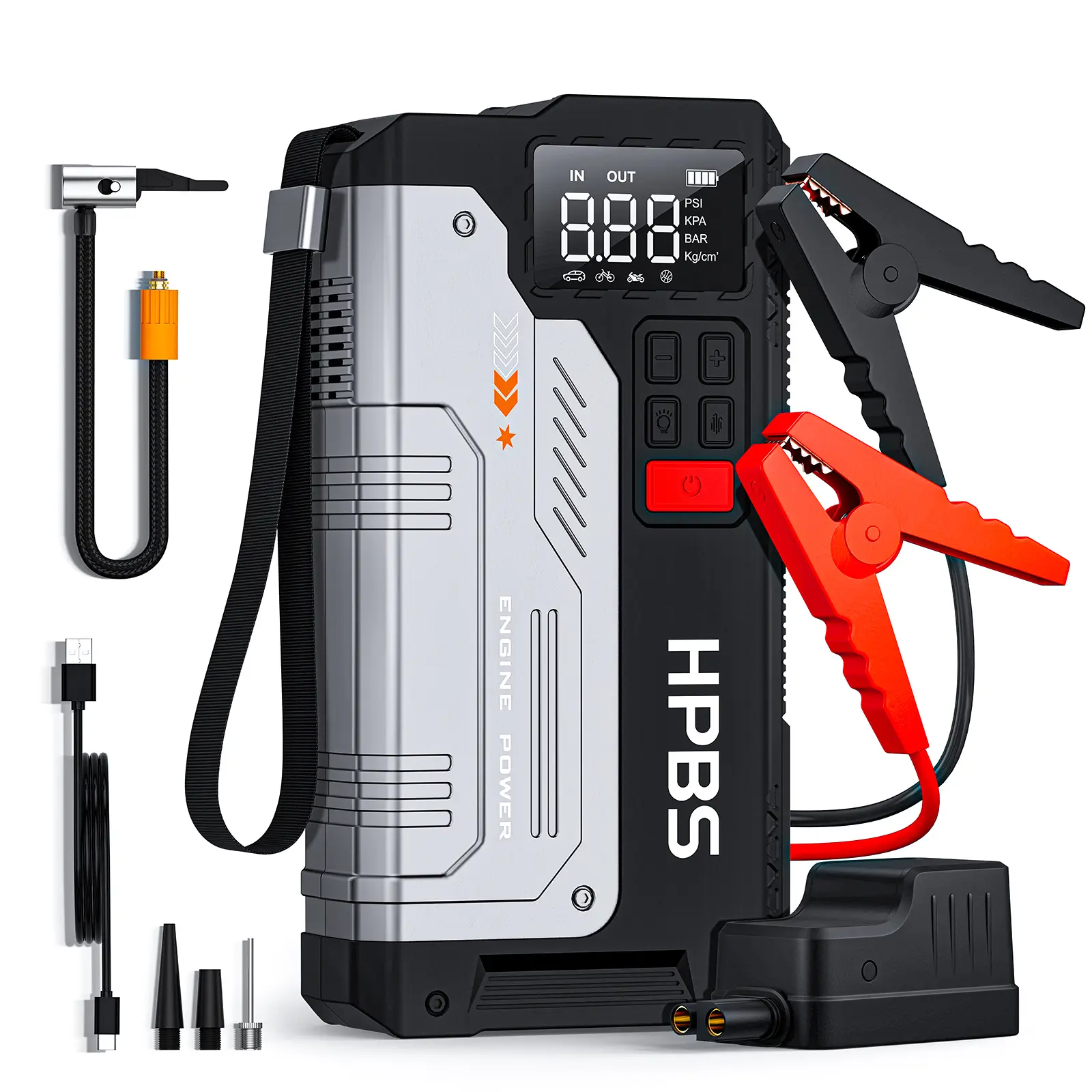 HPBS 2500A (For 8.0L Gas & 6.5L Diesel Engines) Portable Car Jump Starter with Air Compressor, Blower All-in-One, Fast Charging Laptop Power Bank with