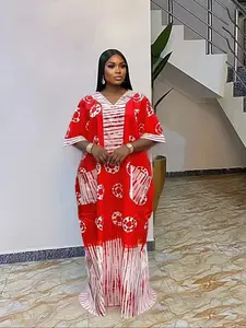 African Style Fashion Dress Summer Loose Plus Size Print Chest Patch Ethnic Boubou Kaftan Long Robe Daily Travel Party V Neck Short Sleeve with Pockets and Scarf