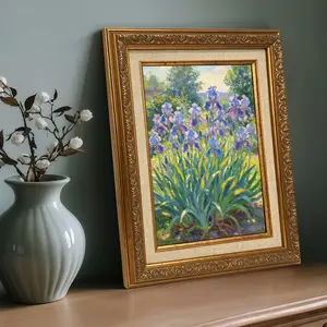 1 Count Vintage Gold Frame Canvas， Vintage Painting Purple Iris Garden， Luxury Art， Fashion Decor， Suitable for Room Bedroom， Living Room， Home Corridor Wall Art， Gifts