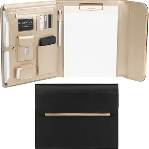 | Black Vegan Leather Portfolio Binder for Women | Professional Padfolio with  Closure &  Trim | Business Organizer Case for Documents & 8.5 x 11 Notepad