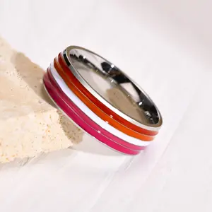 Jewelry - Lesbian Stainless Steel Rings Lesbian Woman Ring Red White Orange Lines Finger Band Pride Love Promise Valentine's Day Gift