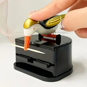 PrimPick 1 Charming Woodpecker Automatic Toothpick box /1000 toothpicks - Easy to press and pop out, durable ABS resin, black base with white gold bird design, suitable for home and restaurant toothpick rack