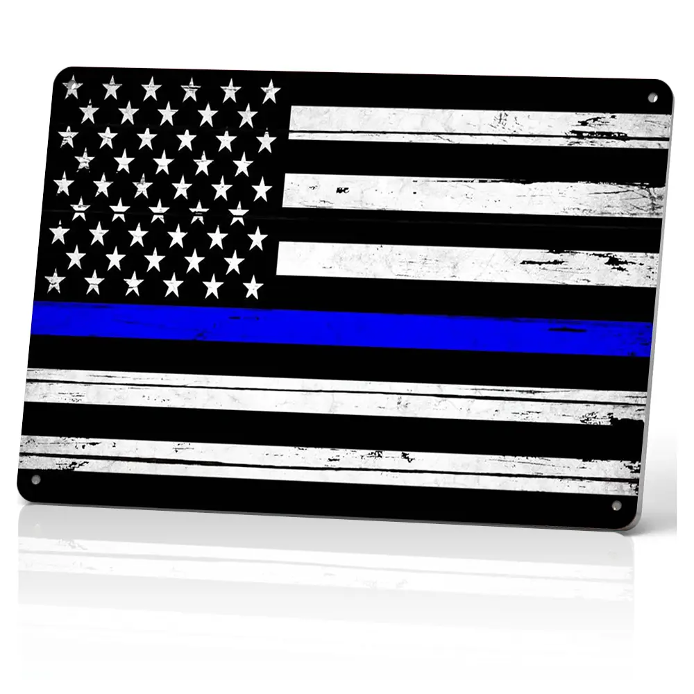 Thin Blue Line Aluminium American Flag Retro Metal Tin Sign, 12x8 in Rectangle Wall Plaque, Home Decor for Bar & Living Room Indoor Use