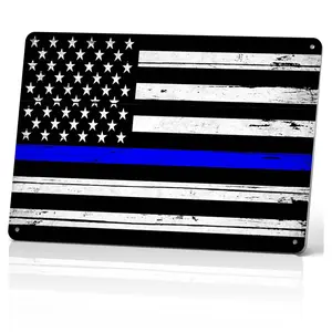 Thin Blue Line Aluminium American Flag Retro Metal Tin Sign, 12x8 in Rectangle Wall Plaque, Home Decor for Bar & Living Room Indoor Use