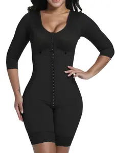 Women's Three Quarter Sleeve Full Body Shapewear, Underwear, Colombian Shapewear, Front Hook And Eye Closure V Neck Silhouette Jumpsuit, High Waist Tummy Control And Butt Lifting Compression Bodysuit, Fajas, Suitable For Everyday, Workouts
