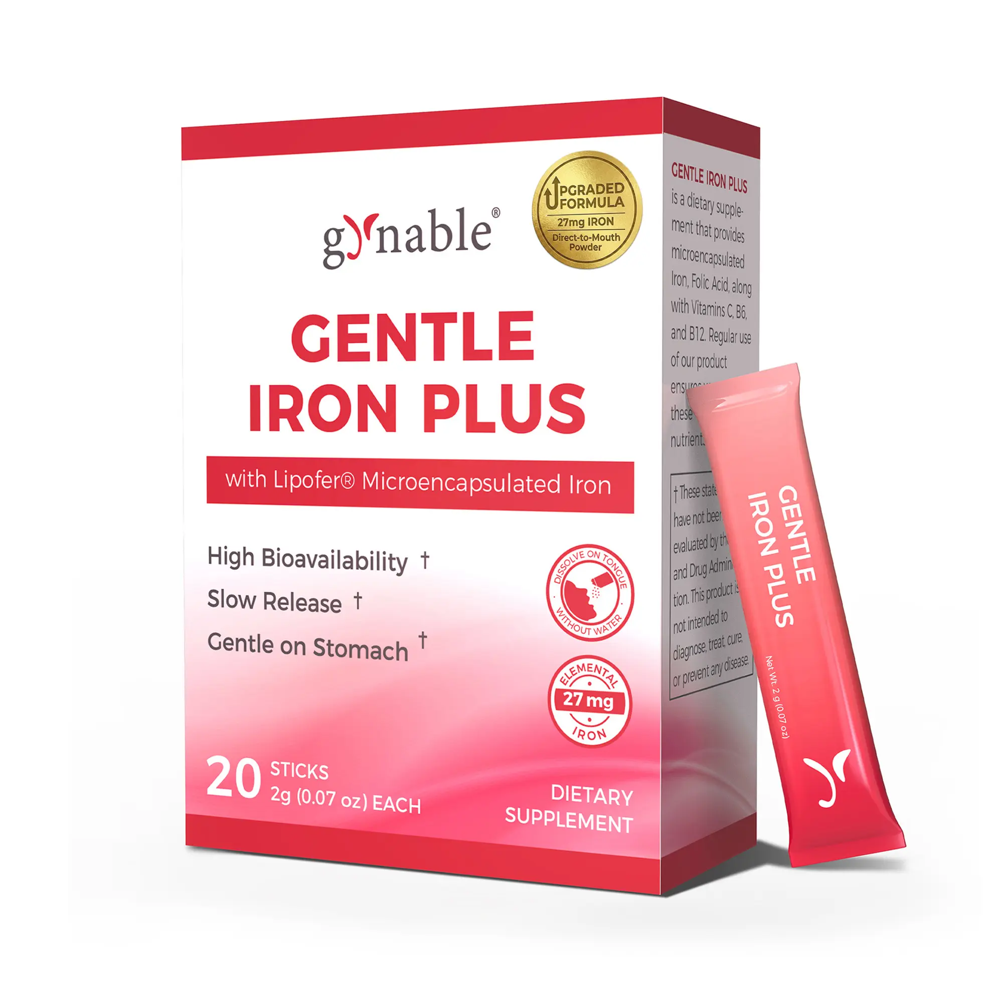 [New Upgraded Powder]Gynable Gentle Iron Supplement forwomen, 27mg Lipofer Microencapsulated Slow Release Iron,Tongue-Dissolving Powder Without Water, Vitamin C B6 B12Folic Acid Beet Root for High Absorption, 20 Daily Sticks Summervibes, Dietary, 20 Stick