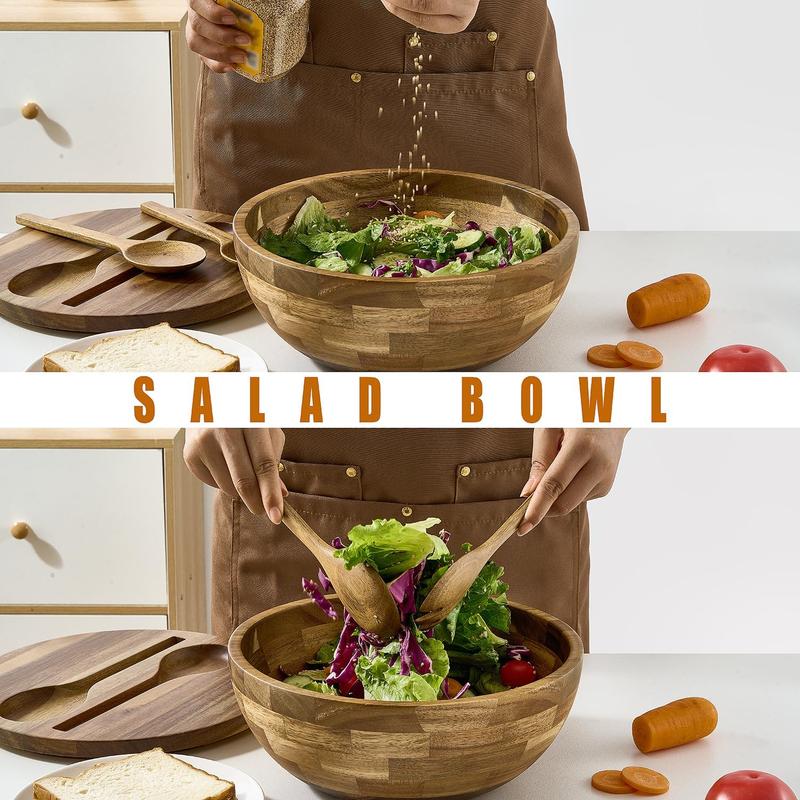 Acacia Wood Salad Bowl Set with Lid, 10.5" Large Serving Bowl, 4-Piece Set with Reversible Lid, Built-in Wooden Fork & Spoon fruit bowl Tableware