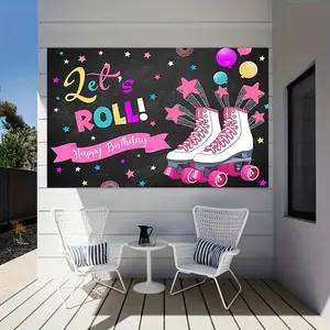 1 piece of "Let'S Roll!" girl's birthday background - featuring bright red star balloons and a roller skateboard, with a polyester banner - perfect for party decorations, home and studio props, and girl's party decorations