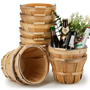 10 Pcs 5.9 x 7.5'' Round Wooden Baskets Easter Baskets Portable Wood Fruit Buckets with Handles Garden Harvest Basket Fruits Vegetables Storage Container Party Supplies(Natural Wood Color)