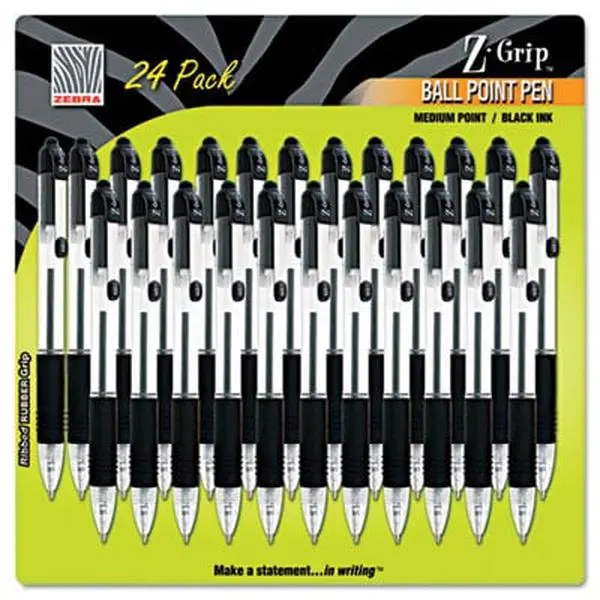 Zebra Z-Grip Retractable Ballpoint Pen with Rubber Grip, Quick-Dry Black Ink, Medium Point, Visible Reservoir - 12221 Model, 24-Pack Office Writing Tool