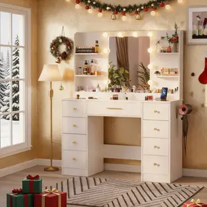 LAKEMID Modern Glass Top Vanity Set with Large Mirror Drawers Power Outlet 3 Color Adjustable Lighting for Bedroom White Design Desk LED Lights sound sync transparent gifts wives Charging Station RGB Makeup vanity desk