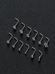 12 Pcs 20G Nose Stud Set Nose Piercing Jewelry Minimalist And Sparkling AAA+ CZ Inlaid Hypoallergenic Stainless Steel Multi-Shape (L-Shape, Curved, Straight) For Women Men Daily Wear Party Gift